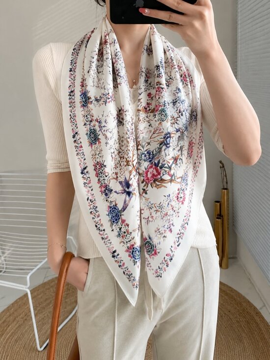 On My Rack Accessories - 2/$30 NEW Cream Bird Floral Flower Printed Silky Fashion Scarf